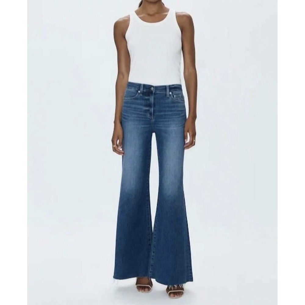 Pistola Izzy Mid Rise Wide Leg Jeans Size 31 Study Wash Raw Hem NWT
